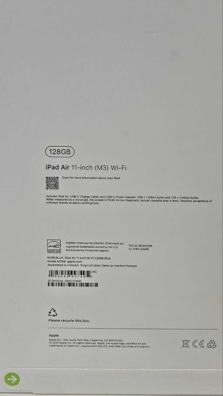 APPLE IPAD Air MC9X4LL/A - M3, RAM 8GB, SSD 128GB, 11 Inch (2360 x 1640) Liquid Retina display, Blue