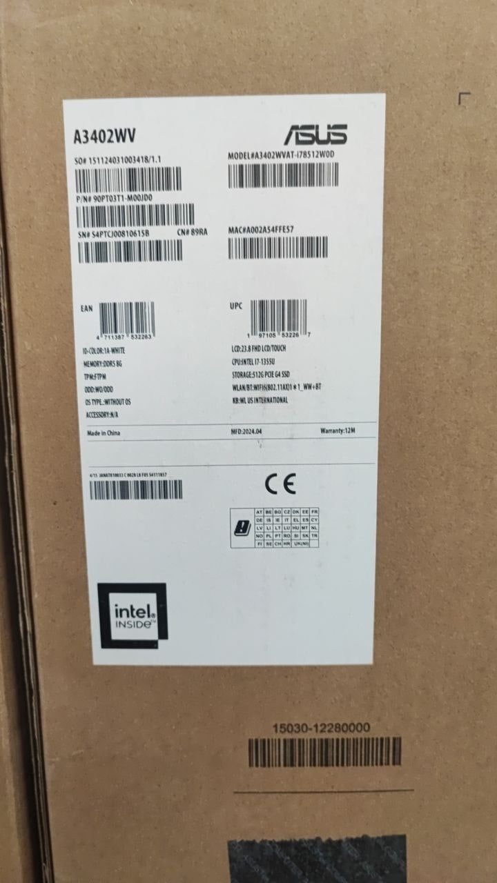 جهاز الكل في واحد ASUS A3402WVAT-178512W0D، معالج Intel Core i7-1355U، ذاكرة وصول عشوائي (RAM) 8 جيجابايت، قرص صلب (SSD) 512 جيجابايت، بطاقة رسومات Iris® Xᵉ Graphics، شاشة لمس 24 بوصة عالية الدقة (FHD)، أبيض