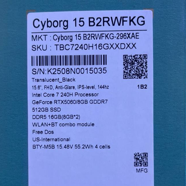 MSI Cyborg 15 B2RWFKG-296XAE, Intel Core 7-240H, RAM 16GB, SSD 512GB, RTX 5060 8GB, 15.6 FHD IPS 144Hz. Translucent Black
