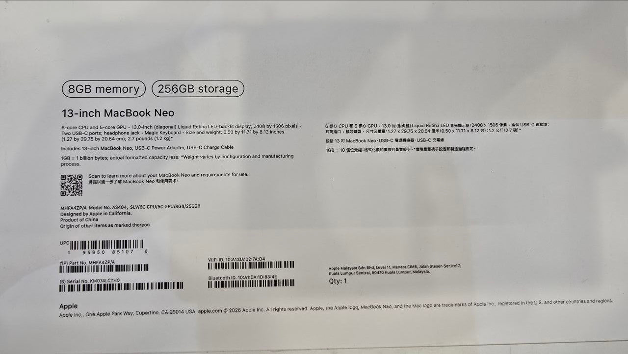 Apple MacBook Neo MHFA4ZP/A - A3404, Apple A18 Pro (6 Cores), GPU (5 Cores), RAM 8GB, SSD 256GB, شاشة 13.0 بوصة (2408 x 1506) IPS، فضي