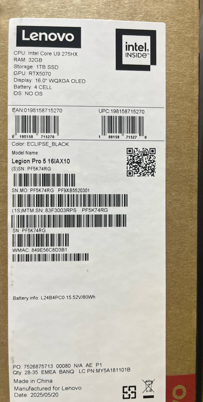 Lenovo Legion Pro 5 16IAX10 - (3RPS), Intel Core Ultra 9-275HX, RAM 32GB, SSD 1TB, NVIDIA GeForce RTX 5070 8GB, 16.0 inch 2K WQXGA OLED 165Hz, Eclipse Black