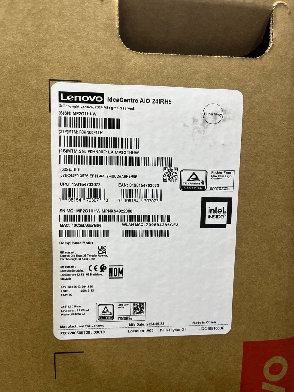 All in One Lenovo AIO 24IRH9 (F1LK), Intel Core i5-13420H, RAM 8GB, 512 SSD NVMe, Intel UHD Graphics, 24 FHD IPS 100Hz, Luna Grey