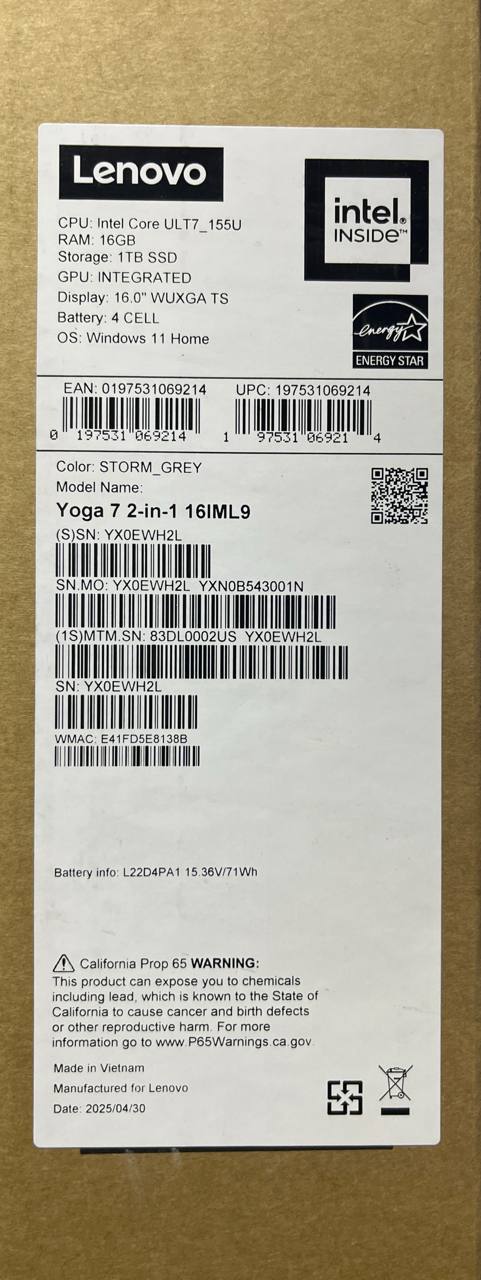 Lenovo Yoga 7 2-in-1 16IML9 - (02US), Intel® Core Ultra 7-155U, RAM 16GB, SSD 1TB, Intel® Graphics, 16 Inch " WUXGA IPS 60Hz X360 Touch, Storm Grey