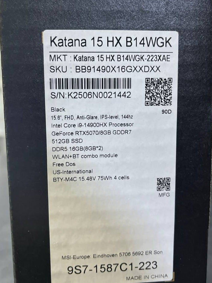 MSI Katana 15 HX B14WGK-223XAE, Intel Core i9-14900HX, RAM 16GB, SSD 512GB, NVIDIA RTX 5070 8GB, 15.6 Inch FHD IPS 144Hz, Black
