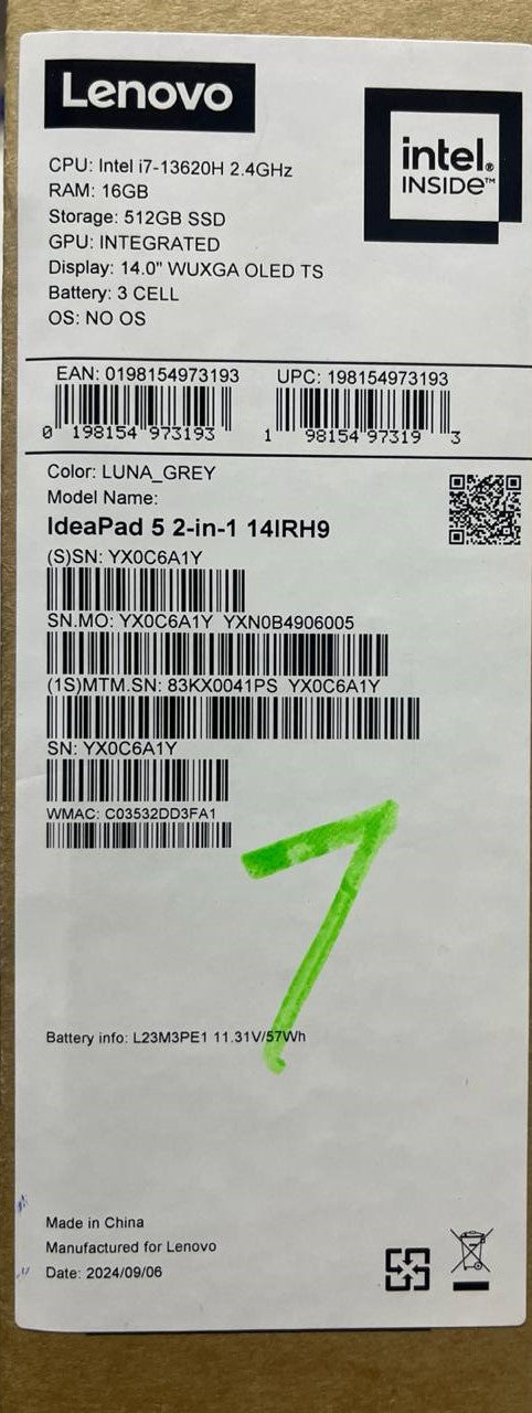 Lenovo IdeaPad 5 2-in-1 14IRH9 (41PS), Intel Core i7-13620H, RAM 16GB, SSD 512GB, Intel® UHD Graphics, 14.0 Inch WUXGA OLED Touch, Luna Gery
