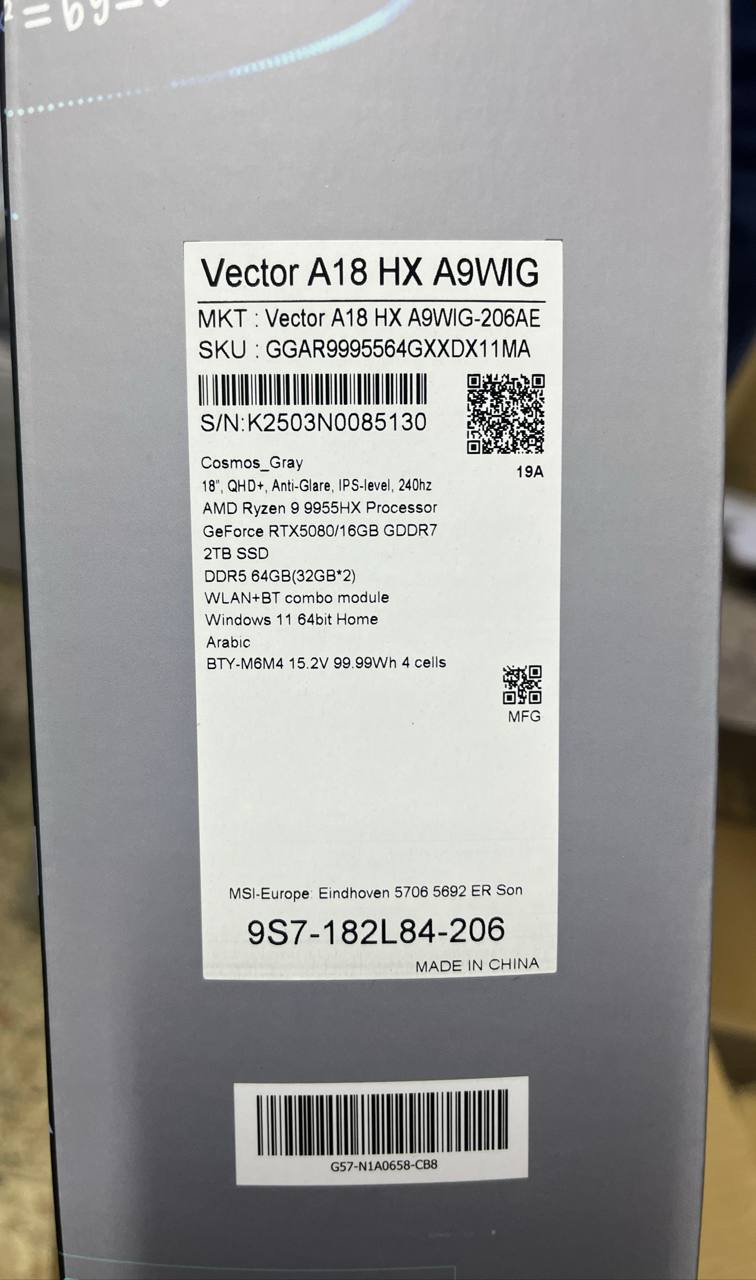 MSI Vector A18 HX A9WIG-206AE, Ryzen 9-9955HX, RAM 64GB, SSD 2TB, NVIDIA Geforce RTX 5080 16GB, 18.0 Inch QHD+ 240Hz, Cosmos Gray