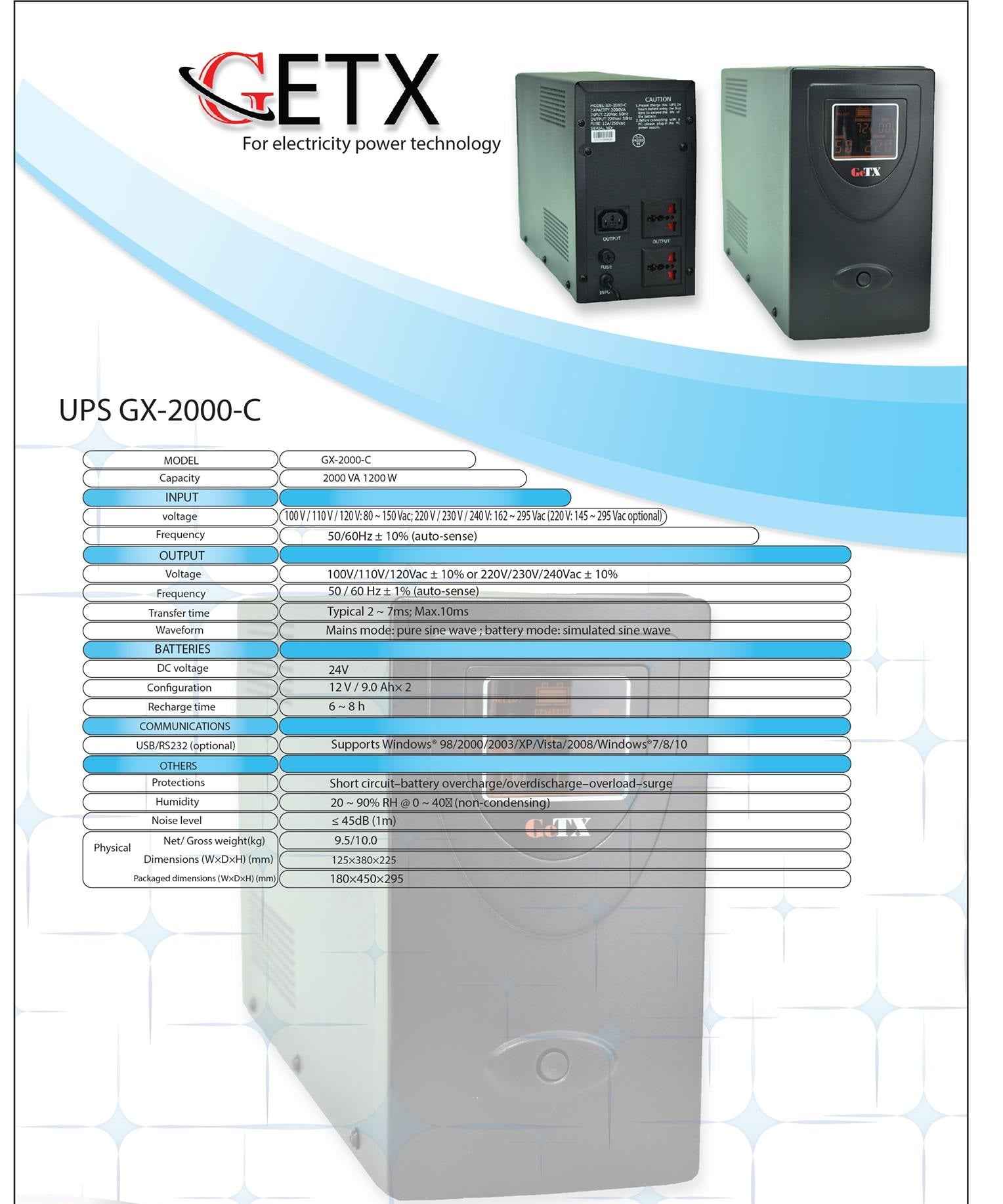 UPS GeTX GXK-2000-C (2000VA, 2KV) Line interactive , 12V9Ax2 Battery - Yellow Box