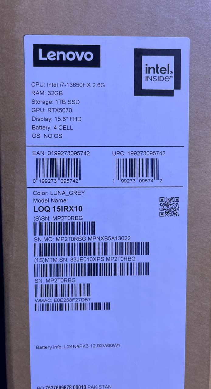 Lenovo LOQ 15IRX10 - (0XPS) Intel Core i7-13650HX, RAM 32GB, SSD 1TB, RTX 5070 8GB, 15.6 Inch FHD IPS 144Hz, Luna Grey