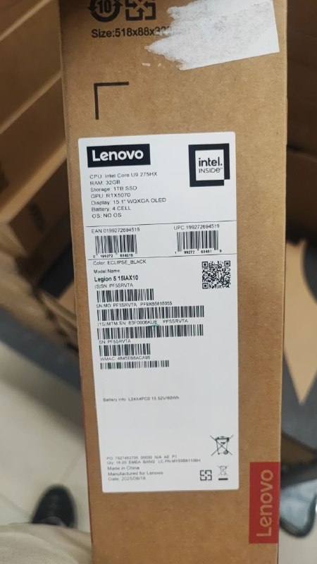 Lenovo Legion 5 15IAX10 - (6KUE) Intel Core Ultra 9-275HX, RAM 32GB, SSD 1TB, RTX 5070 8GB, 15.1 Inch WQXGA OLED 165Hz, Eclipse Black