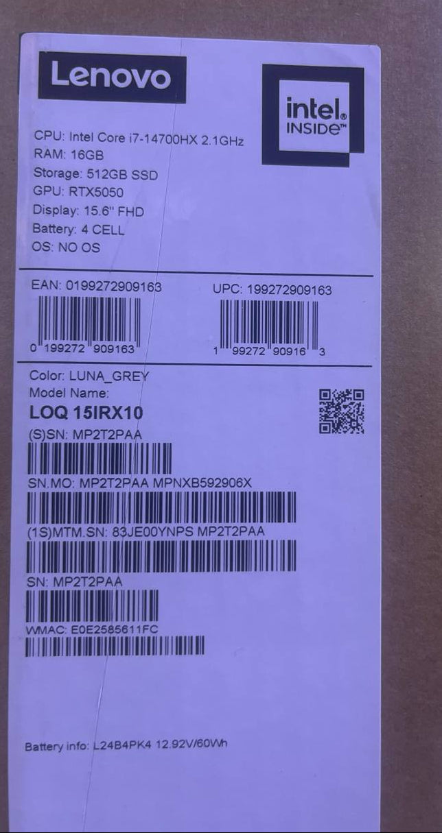 لينوفو LOQ 15IRX10 - (YNPS) معالج Intel Core i7-14700HX، ذاكرة وصول عشوائي 16 جيجابايت، سعة تخزين 512 جيجابايت، بطاقة رسومات RTX 5050 بسعة 8 جيجابايت، شاشة 15.6 بوصة FHD بتردد 144 هرتز، لون رمادي قمري