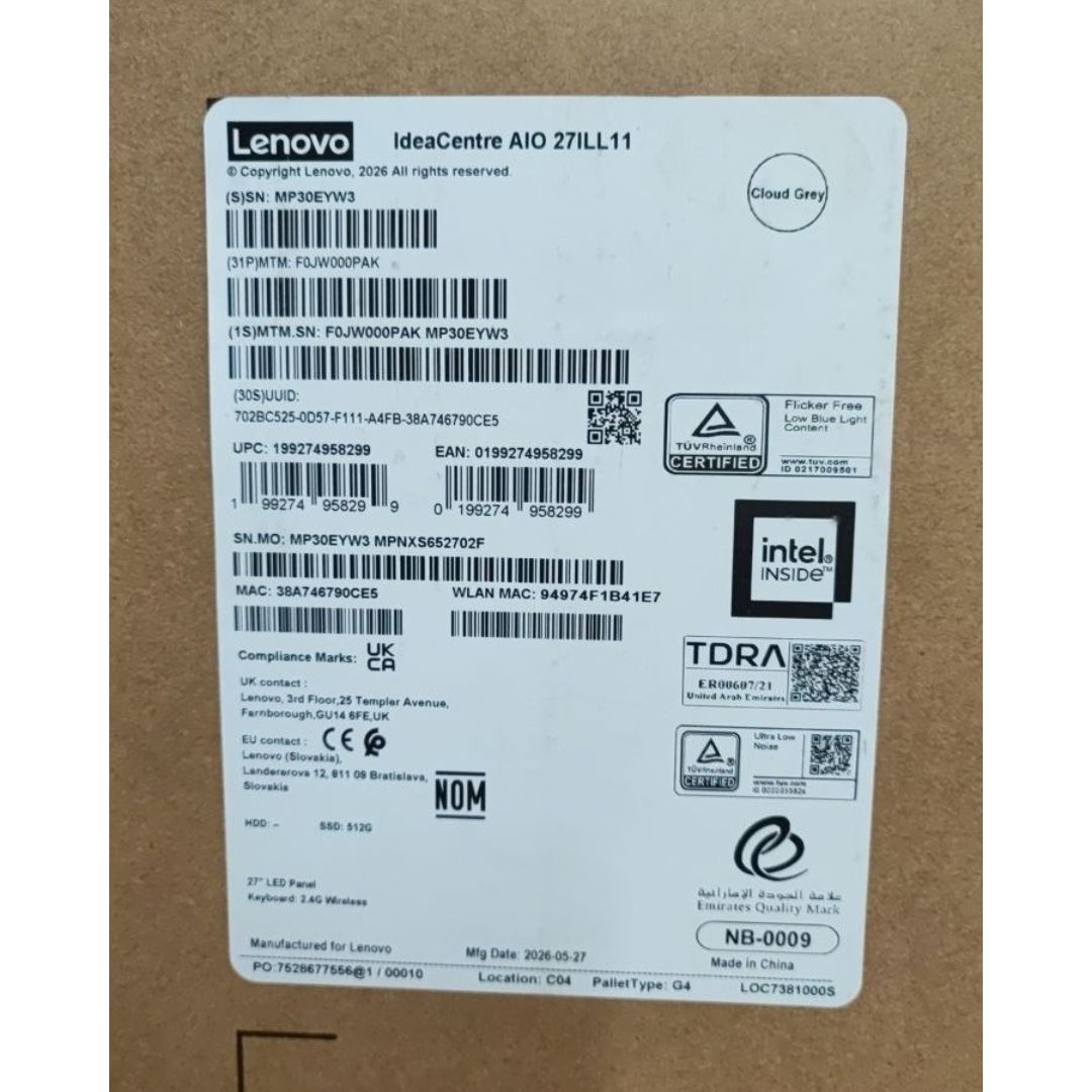 Lenovo IdeaCentre AIO 27ILL11 (0PAK), Intel Core Ultra 7-256V, RAM 16GB, SSD 512GB, Intel Arc Graphics 140V, 27 Inch FHD IPS 100Hz, Cloud Grey