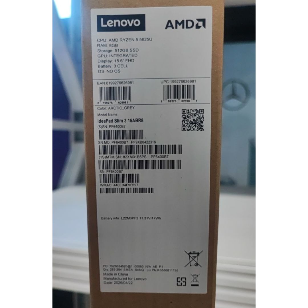 Lenovo IdeaPad Slim 3 15ABR8 (B5PS), AMD Ryzen 5-5625U, RAM 8GB, SSD 512GB, AMD Radeon Graphics, 15.6 Inch FHD, Arctic Grey