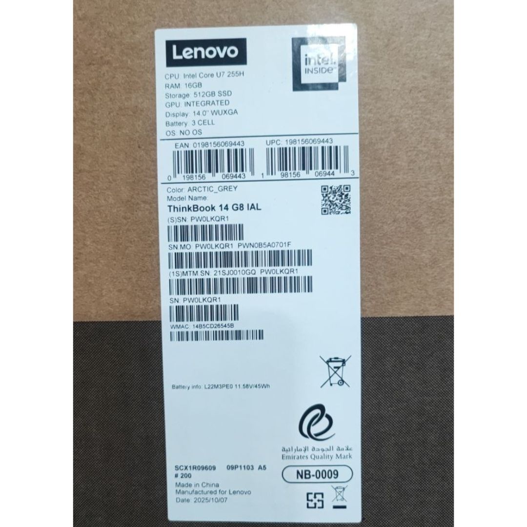 لينوفو ثينك بوك 14 G8 IAL (10GQ)، إنتل كور ألترا 7 255H، ذاكرة رام 16 جيجابايت، قرص SSD بسعة 512 جيجابايت، رسومات إنتل آرك، شاشة WUXGA مقاس 14 بوصة، رمادي قطبي