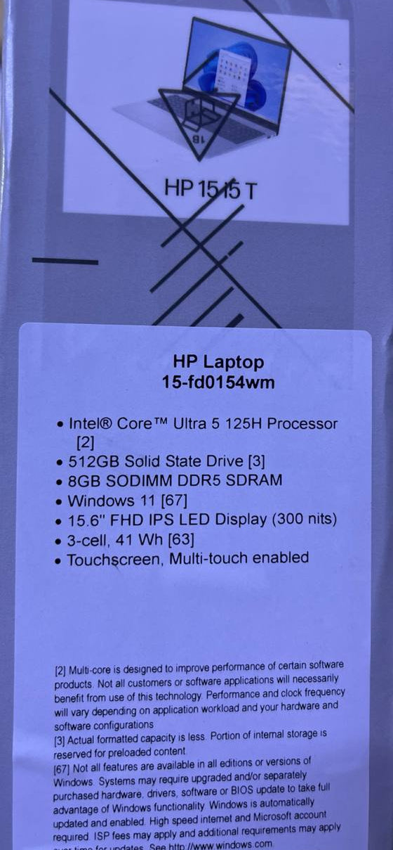 HP 15-FD0154WM, Ultra 5-125H, RAM 8GB, SSD 512GB, Intel Graphics, 15.6" FHD, TouchScreen Silver
