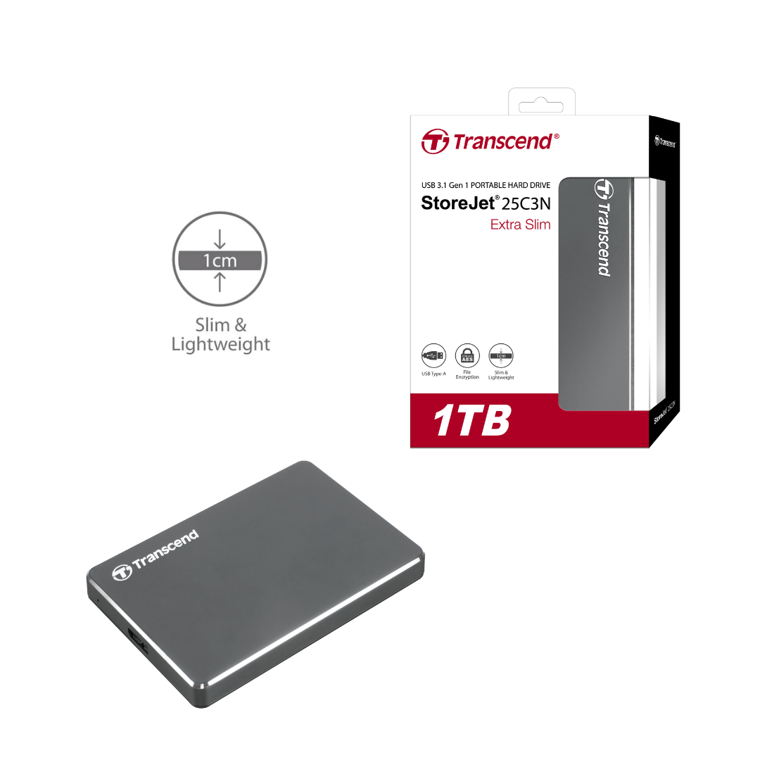 قرص تخزين محمول Transcend Storejet 25C3N سعة 1 تيرابايت بمنفذ USB 3.1 فائق النحافة 