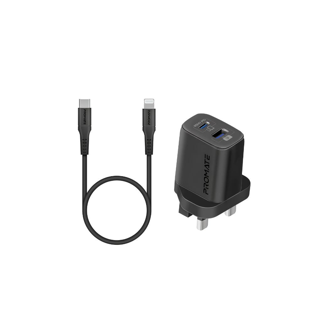 Promate ChargeKit-25PDi 25W Charger with USB-C to Lightning Cable - Black