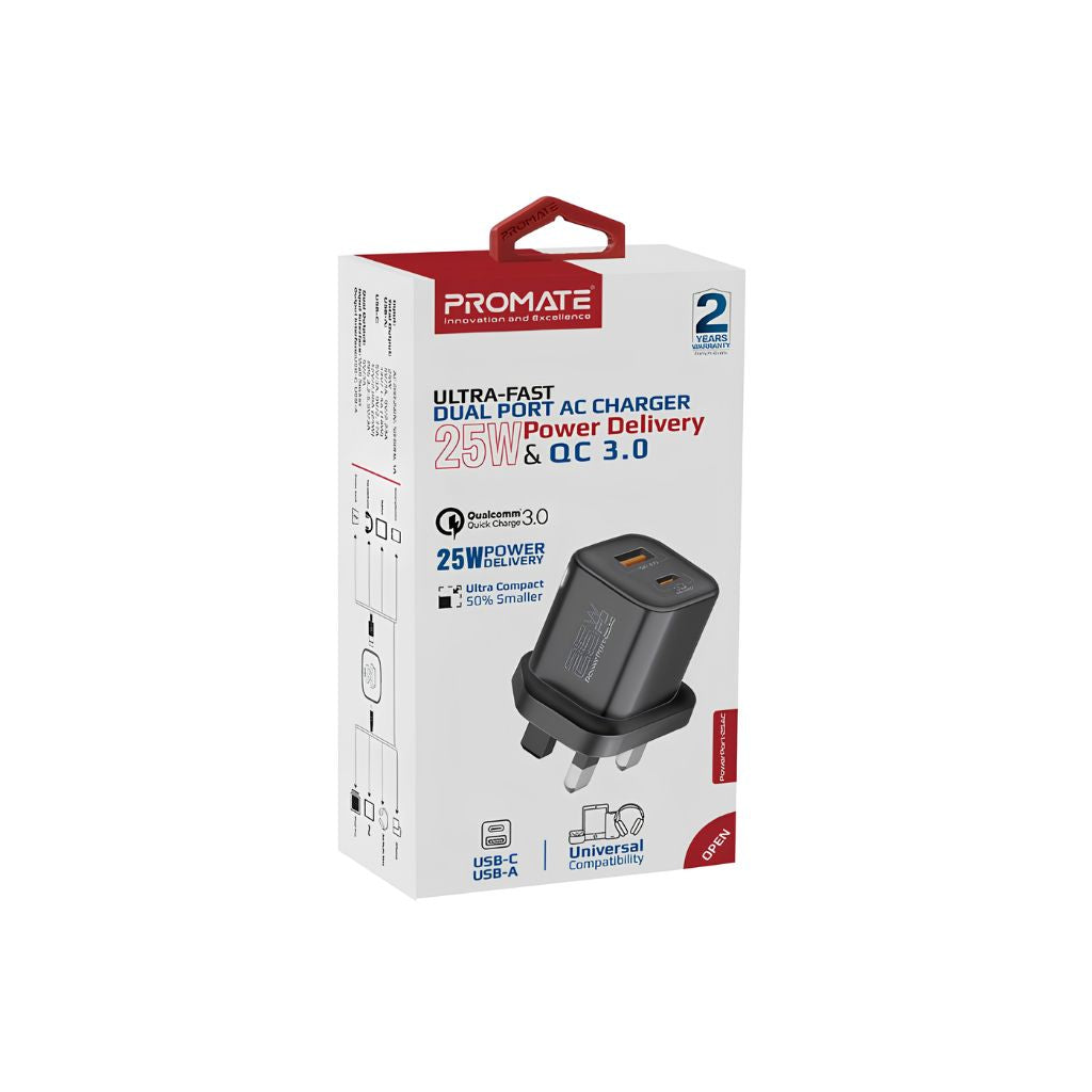 Promate PowerPort-25AC 25W USB-C Wall Charger - Black