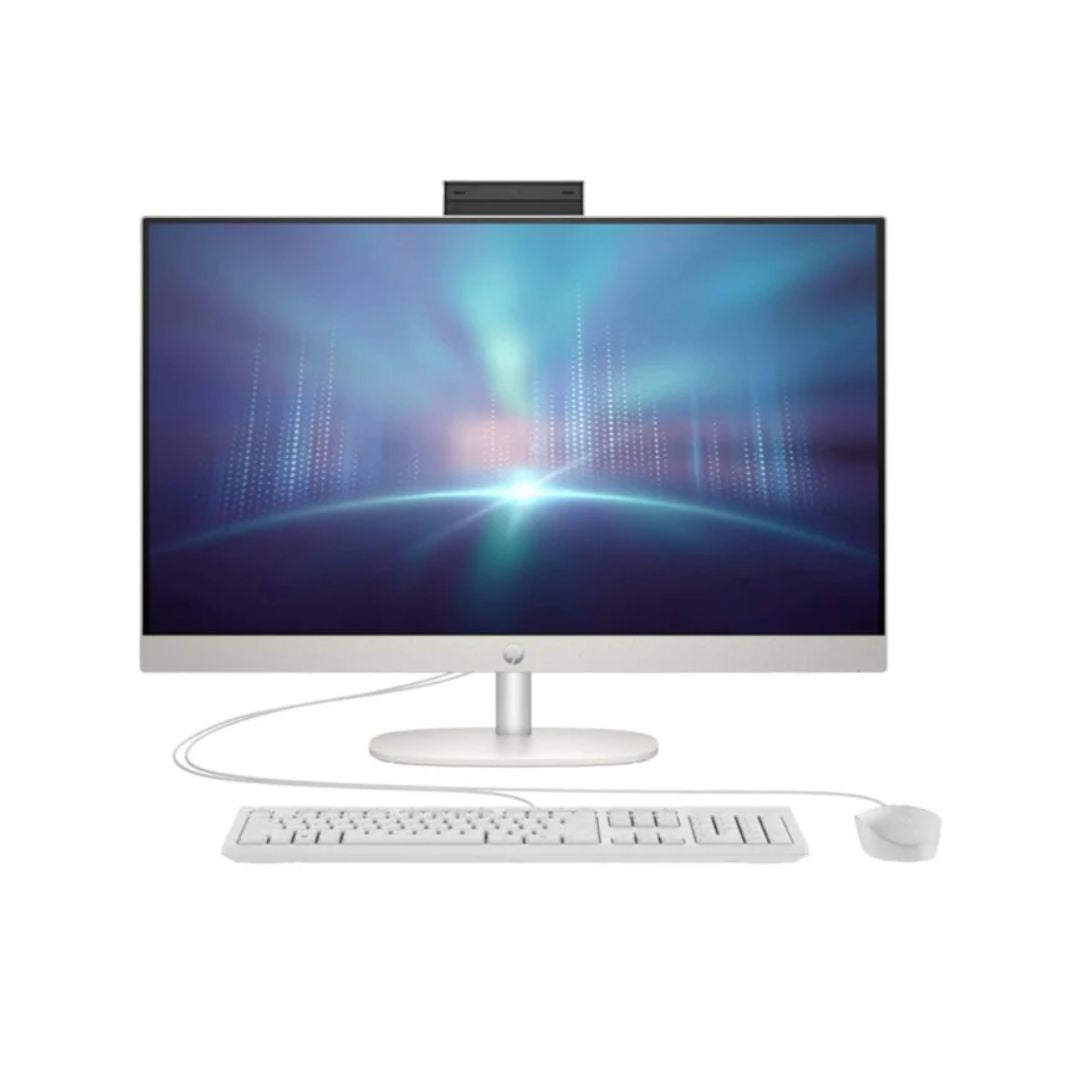 كمبيوتر مكتبي الكل في واحد HP 27-CR0156NH/CR0086NH، معالج Intel Core i7-1355U، ذاكرة وصول عشوائي (RAM) 8 جيجابايت، قرص تخزين SSD 512 جيجابايت، بطاقة رسومات Intel Iris Xe، شاشة 27 بوصة عالية الدقة (FHD)، أبيض