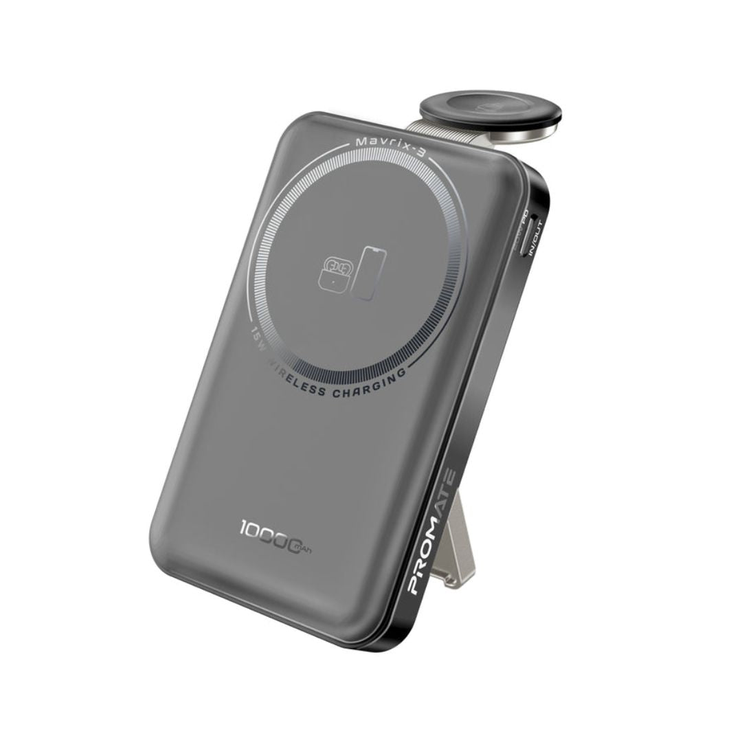 Promate Marvix-3 10000mAh 3 in 1 MagSafe Compatible Wireless Charging Power Bank - Black