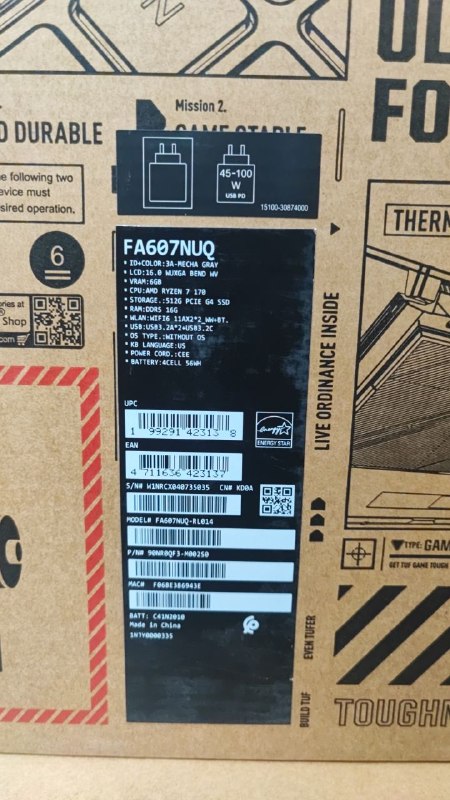 ASUS TUF Gaming A16 FA607NUQ-RL014, AMD Ryzen 7-170, RAM 16G, SSD 512GB, NVIDIA RTX 4050 6GB, 16.0 inch WUXGA 144Hz, Mecha Gray