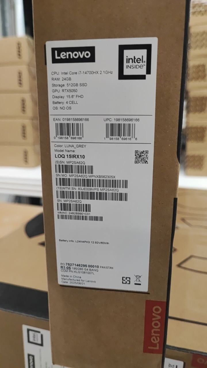 Lenovo LOQ 15IRX10 - (9VPS) Intel Core i7-14700HX, RAM 24GB, SSD 512GB, RTX 5050 8GB, 15.6 Inch IPS FHD 144Hz, Luna Grey