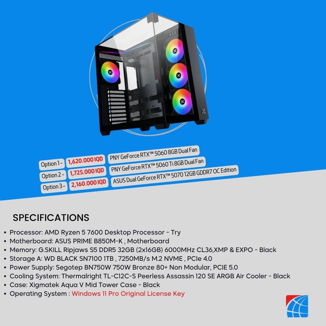 Pc Build AMD Ryzen 5 7600 , RTX™ 5060 8GB , RTX™ 5060 Ti 8GB , 5070 12GB