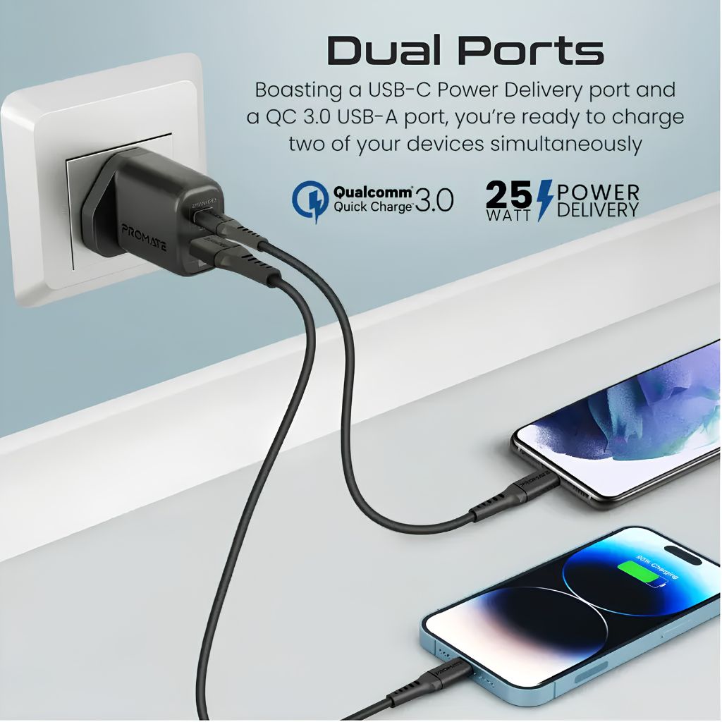 Promate ChargeKit-25PDi 25W Charger with USB-C to Lightning Cable - Black
