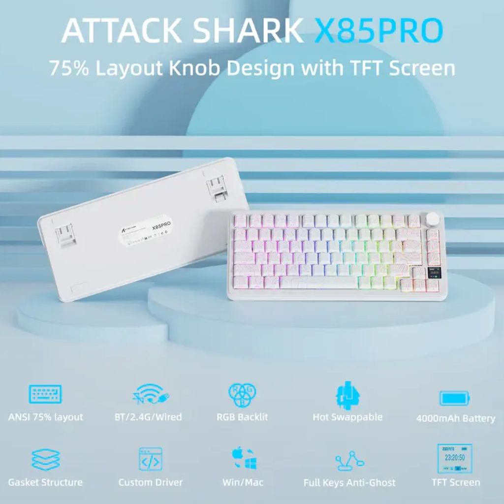 ATTACK SHARK X85 Pro Wireless Mechanical Keyboard - White Contours