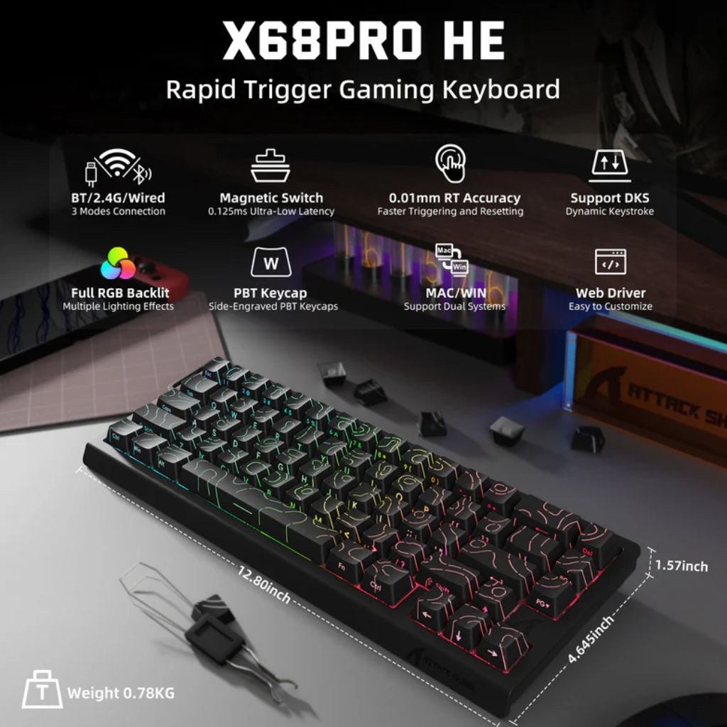 ATTACK SHARK X68 Pro Magnetic Wireless Keyboard - Black Contours