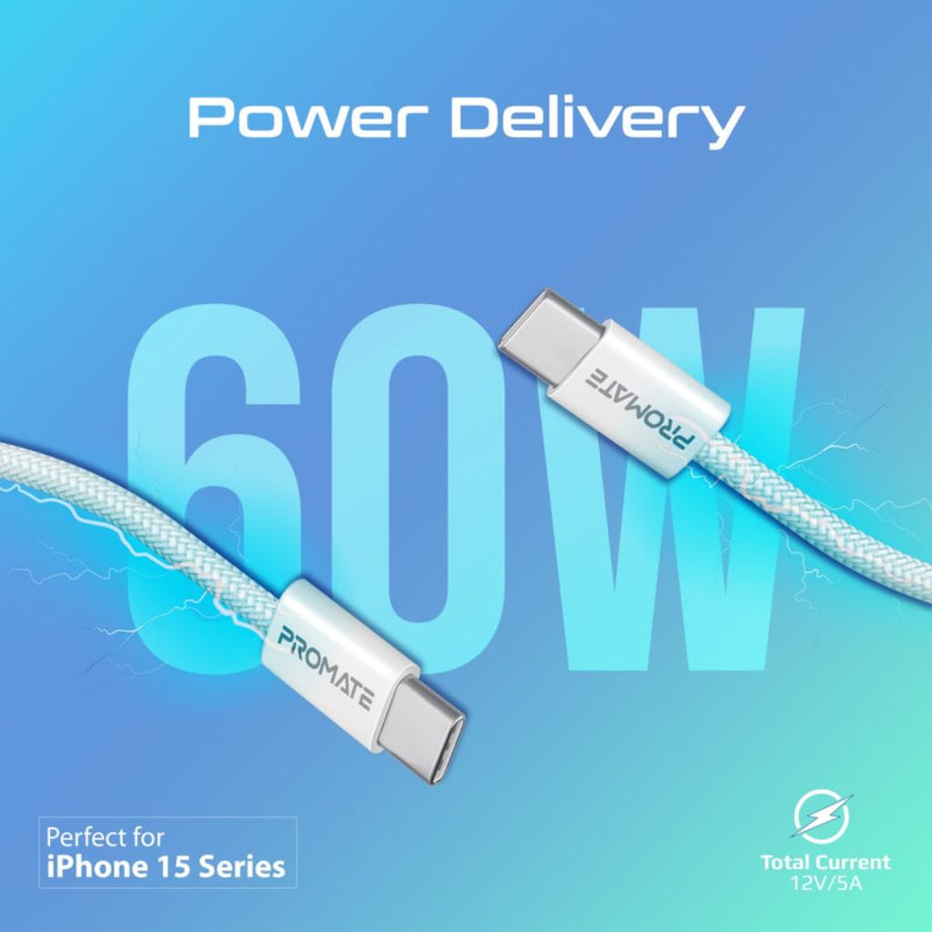 Promate EcoLine-CC120 60W USB-C to USB-C Cable 1.2M - White