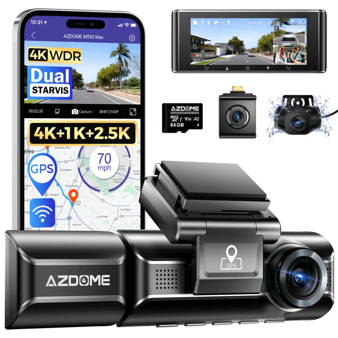 كاميرا داش كام AZDOME M550 Max بدقة 4K بثلاث قنوات - أسود