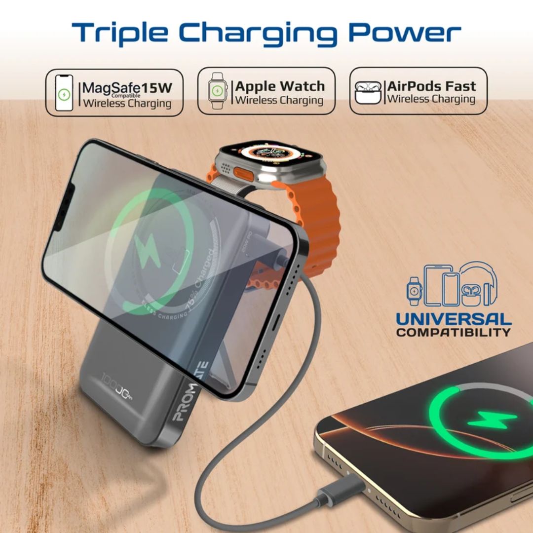 Promate Marvix-3 10000mAh 3 in 1 MagSafe Compatible Wireless Charging Power Bank - Black