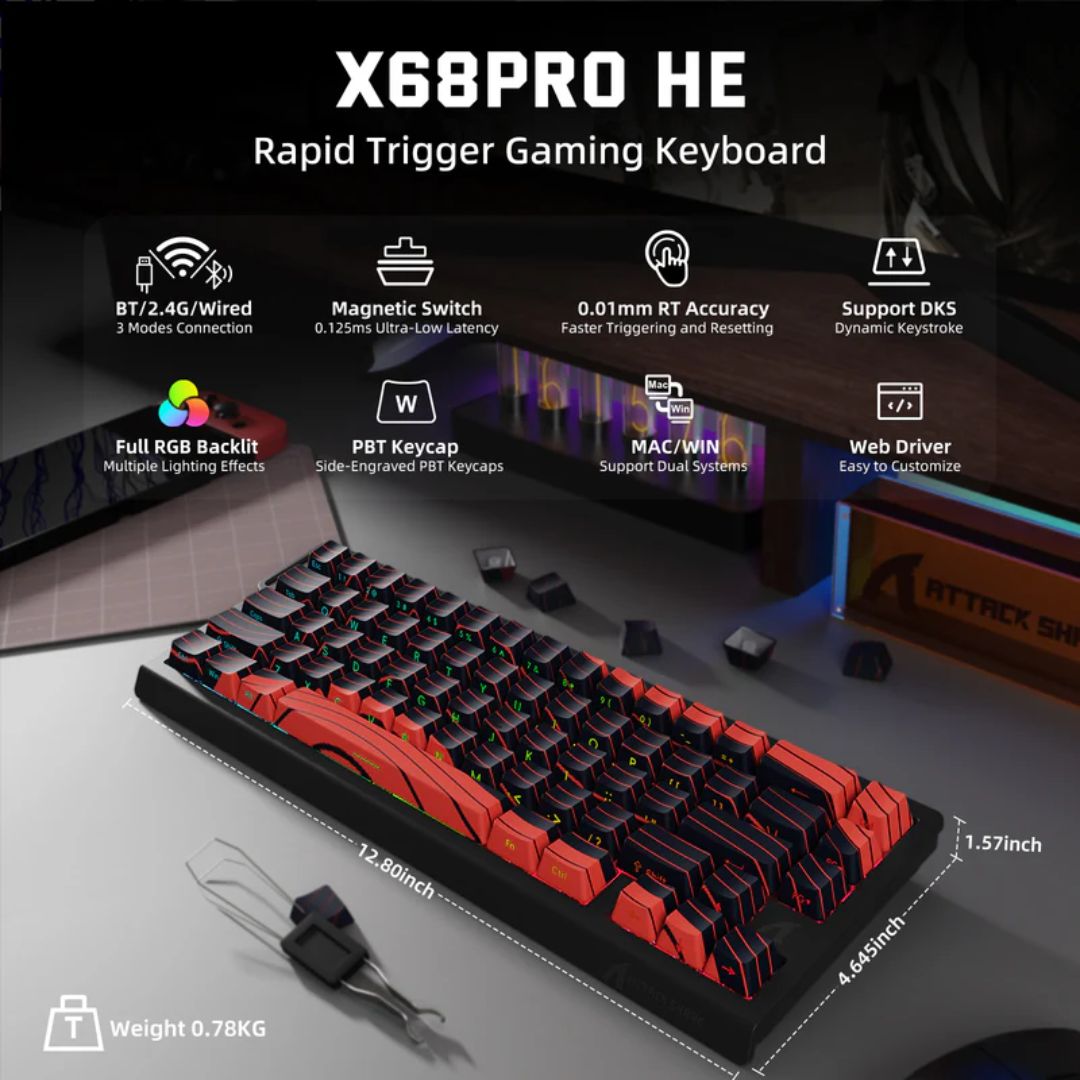 ATTACK SHARK X68 Pro Magnetic Wireless Keyboard - Red and Black