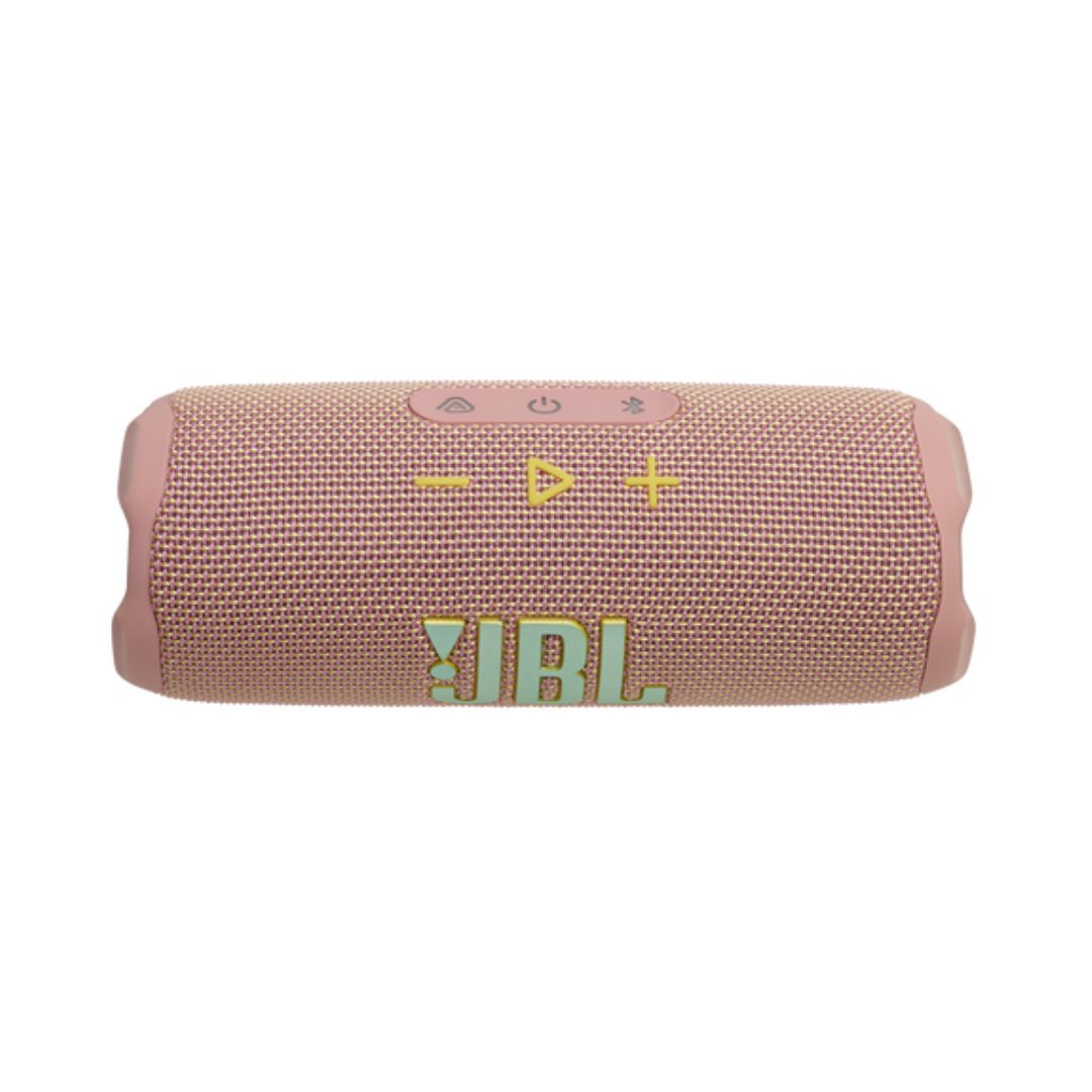 Pink JBL Bluetooth speaker on a white background