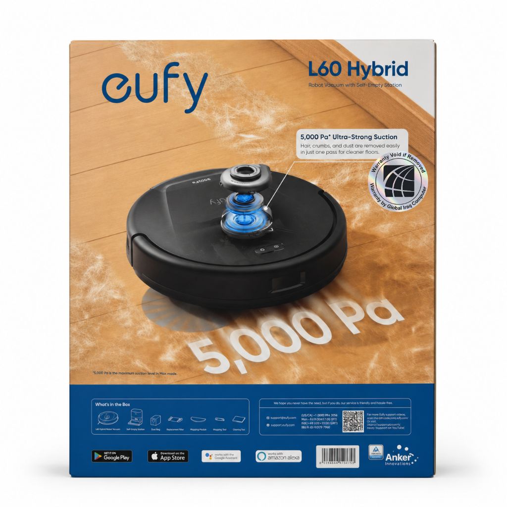 eufy L60 Hybrid Robot Vacuum, 5,000 Pa, Self-Empty | Iraq
