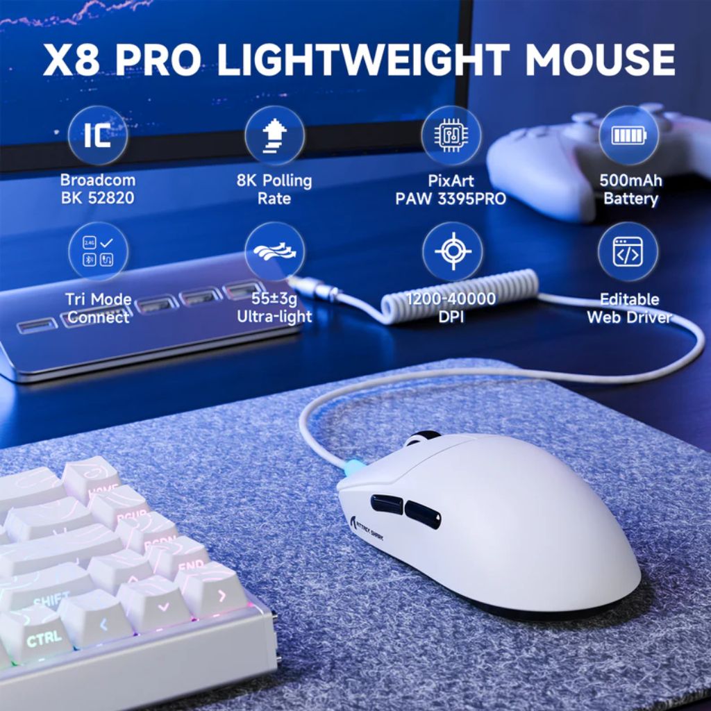 ماوس الألعاب اللاسلكي ثلاثي الأوضاع ATTACK SHARK X8 Pro - أبيض