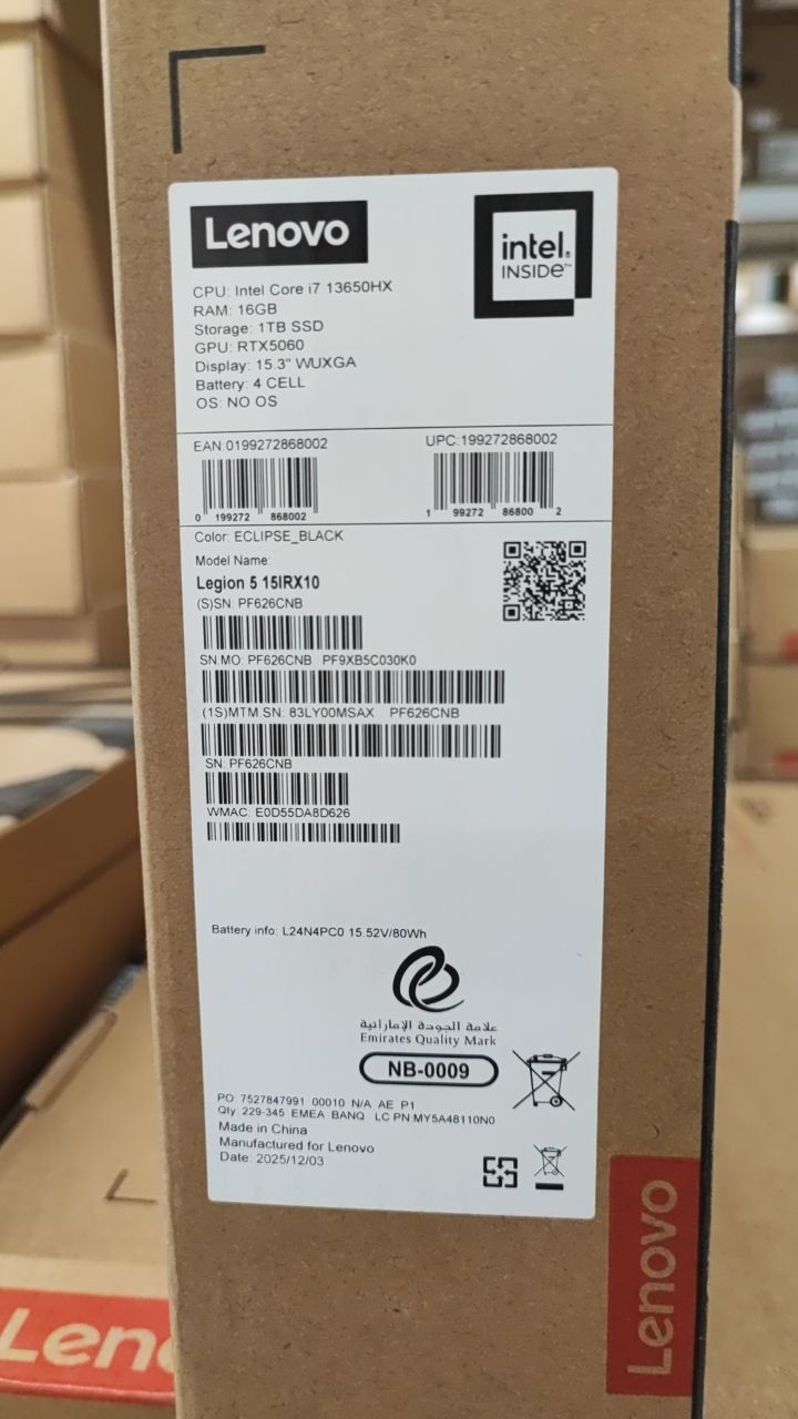 Lenovo Legion 5 14IRX10 - (MSAX) Intel Core i7-13650HX, RAM 16GB, SSD 1TB, RTX 5060 8GB, 15.3 Inch IPS 165Hz WUXGA, Black