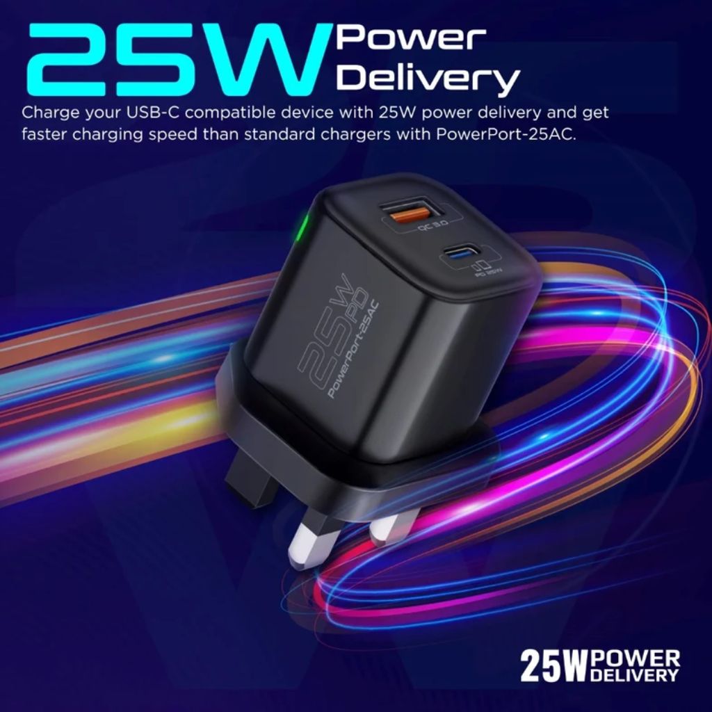 Promate PowerPort-25AC 25W USB-C Wall Charger - Black