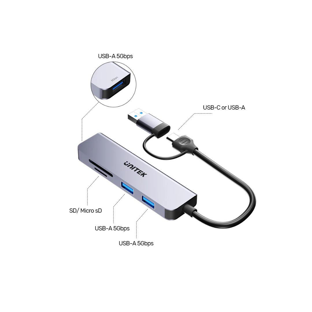 موزع UNITEK uHUB P5+ USB 5 في 1 بسرعة 5 جيجابت في الثانية مع قارئ بطاقات SD وMicro SD