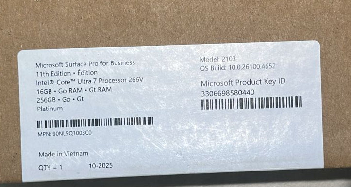 Microsoft Surface Pro 11 EP2-20206, Intel Ultra 7-266V, RAM 16GB, SSD 512GB, Intel Arc, 13.0 Inch (2880 x 1920), Platinum