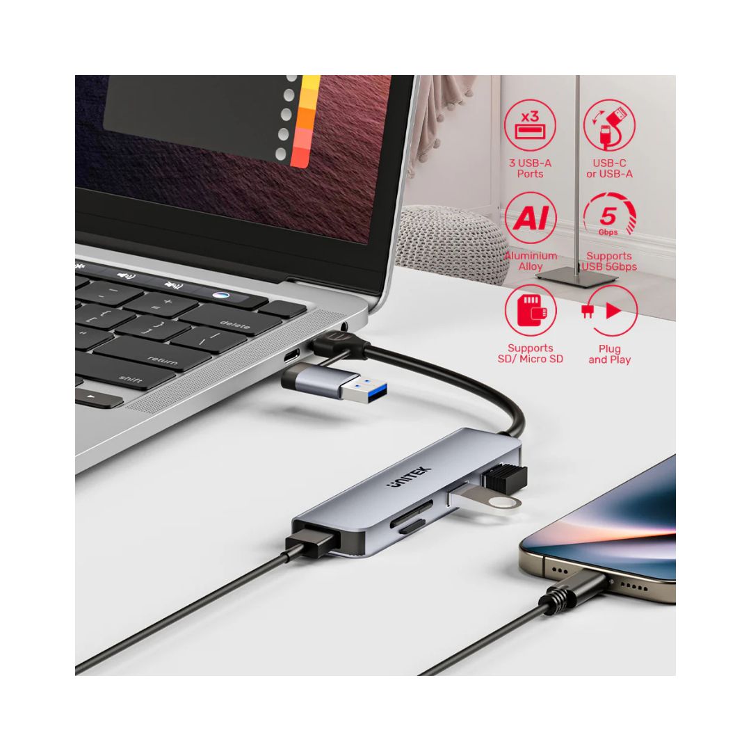 موزع UNITEK uHUB P5+ USB 5 في 1 بسرعة 5 جيجابت في الثانية مع قارئ بطاقات SD وMicro SD