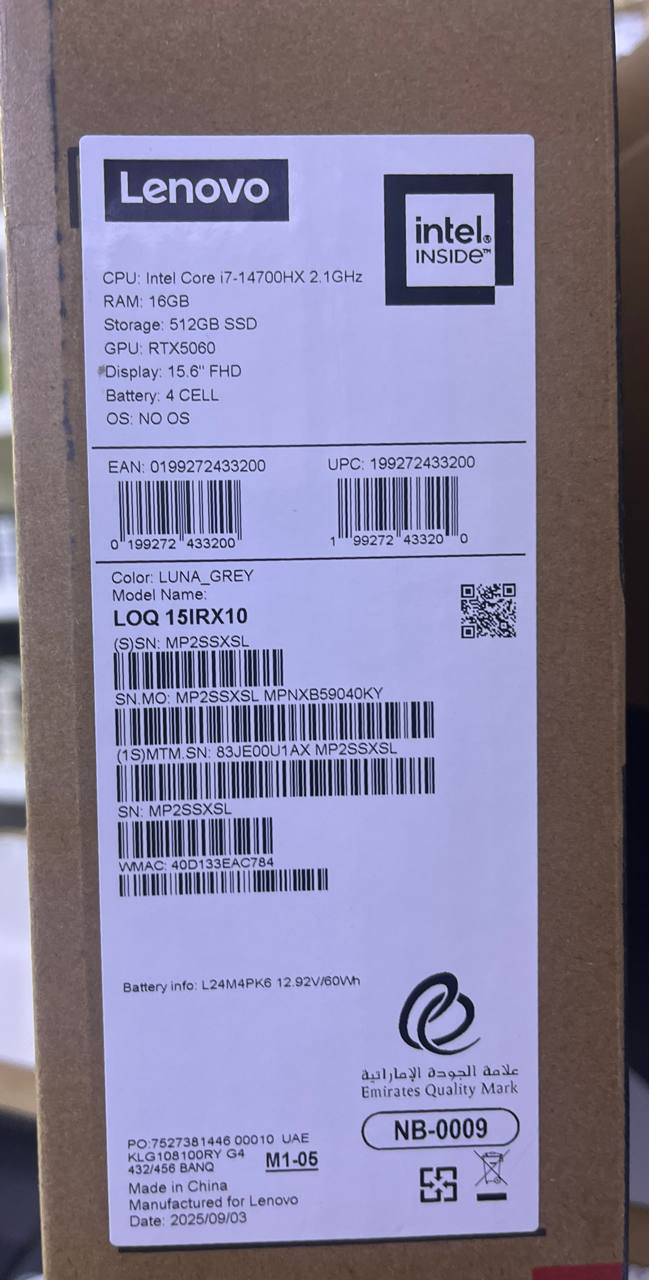 Lenovo LOQ 15IRX10 - (U1AX), Intel Core i7-14700HX, RAM 16GB, SSD 512GB, NVIDIA RTX 5060 8GB, 15.6 FHD 144Hz, Luna Grey