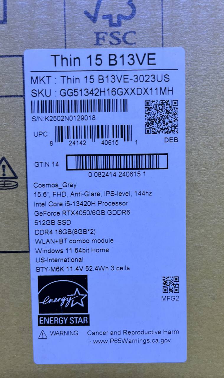 MSI Thin 15 B13VE-3023US, Intel Cre i5-13420H, RAM 16GB, SSD 512GB, NVIDIA Geforce RTX 4050 6GB, 15.6 FHD IPS 144Hz. Cosmos Gray