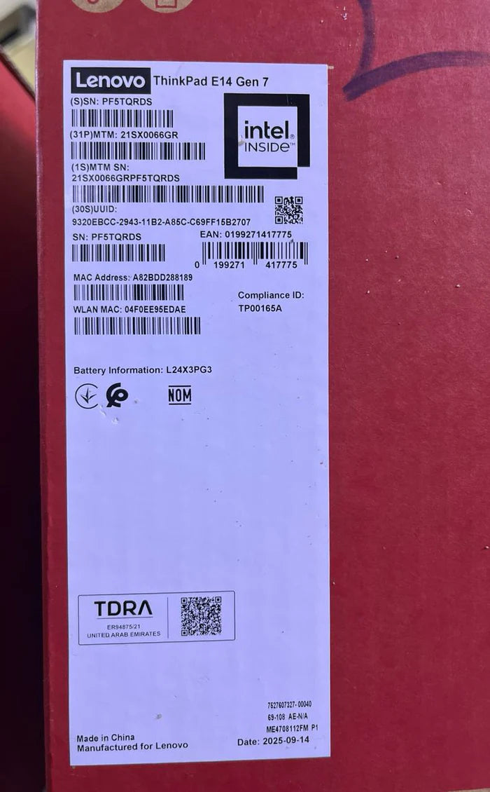 Lenovo Thinkpad E14 - (66GR), Intel Core Ultra 7 255H, RAM 16GB, SSD 512GB, Intel Graphics, 14.0 Inch WUXGA IPS, Black