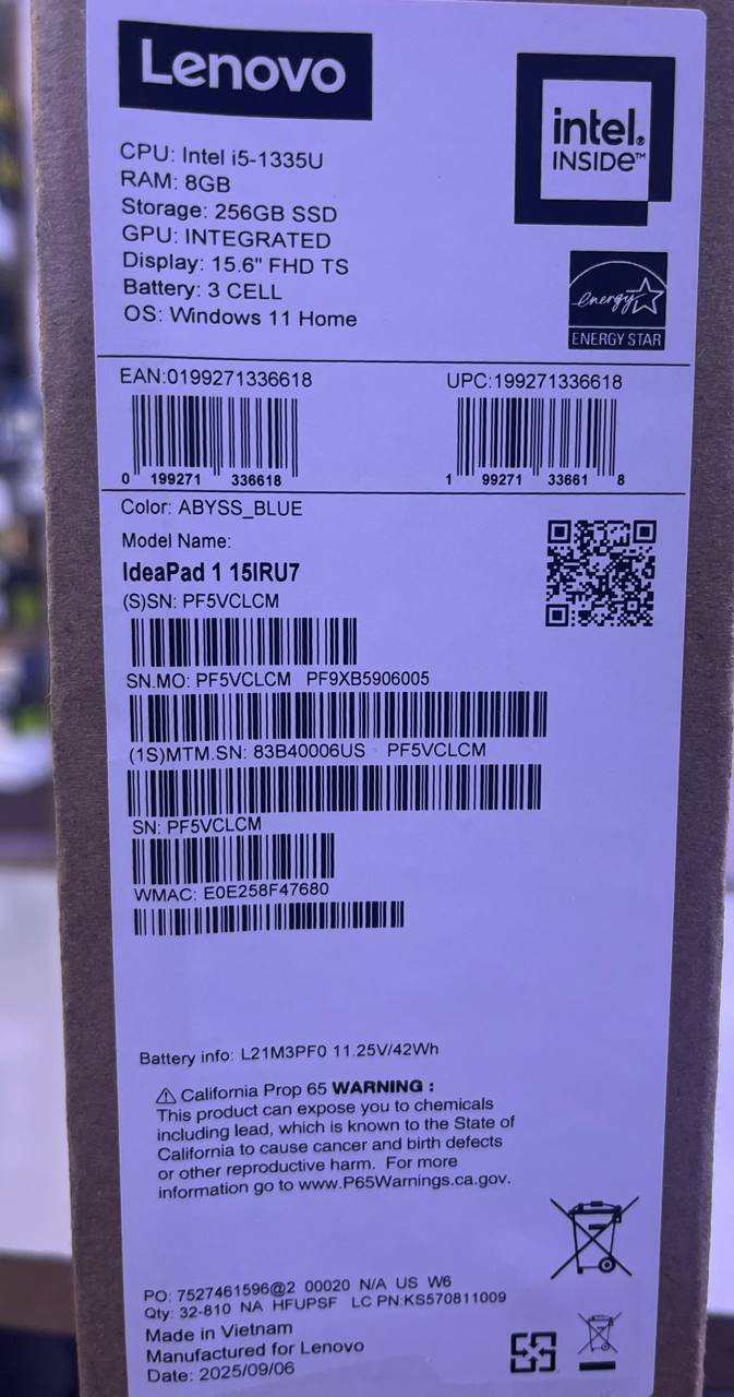 لينوفو أيدياواد 1 15IRU7 - (06US)، معالج إنتل كور i5-1335U، ذاكرة وصول عشوائي 8 جيجابايت، قرص صلب SSD بسعة 256 جيجابايت، معالج رسومات إنتل® آيريس® Xe، شاشة لمس FHD مقاس 15.6 بوصة، لون أزرق داكن