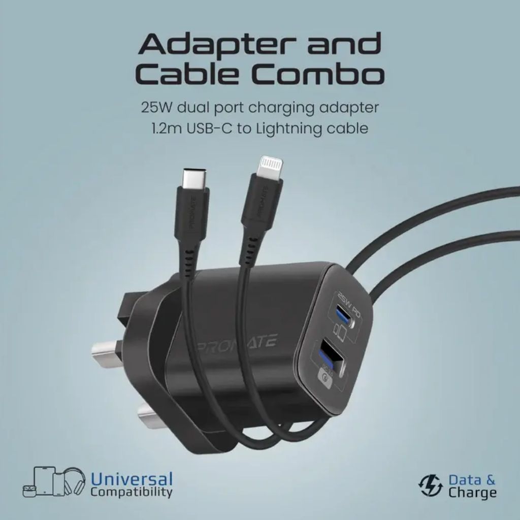 Promate ChargeKit-25PDi 25W Charger with USB-C to Lightning Cable - Black