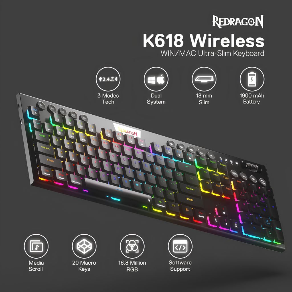 Redragon HORUS K618 Wireless Gaming Keyboard - Black