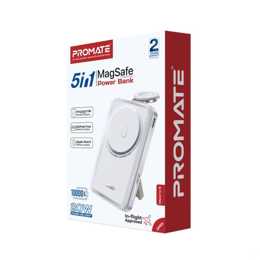 Promate Marvix-3 10000mAh 3 in 1 MagSafe Compatible Wireless Charging Power Bank - White
