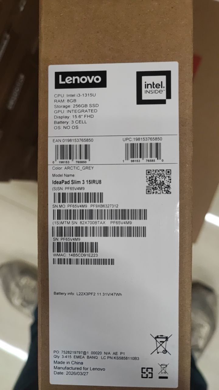 Lenovo IdeaPad Slim 3 15IRU8 - (BTAX) Intel Core i3-1315U, RAM 16GB, SSD 256GB, Intel® UHD Graphics, 15.6 inch FHD , Arctic Gray