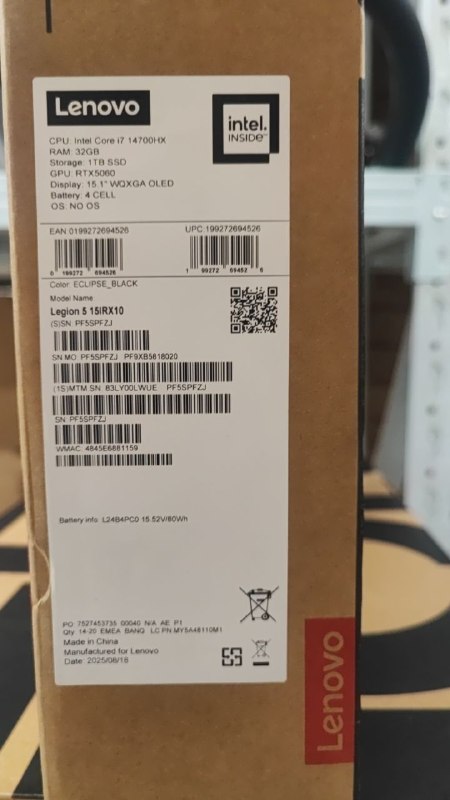 Lenovo Legion 5 15IRX10 - (LWUE) Intel Core i7-14700HX, RAM 32GB, SSD 1TB, RTX 5060 8GB, 15.1 Inch WQXGA OLED 165Hz, Eclipse Black